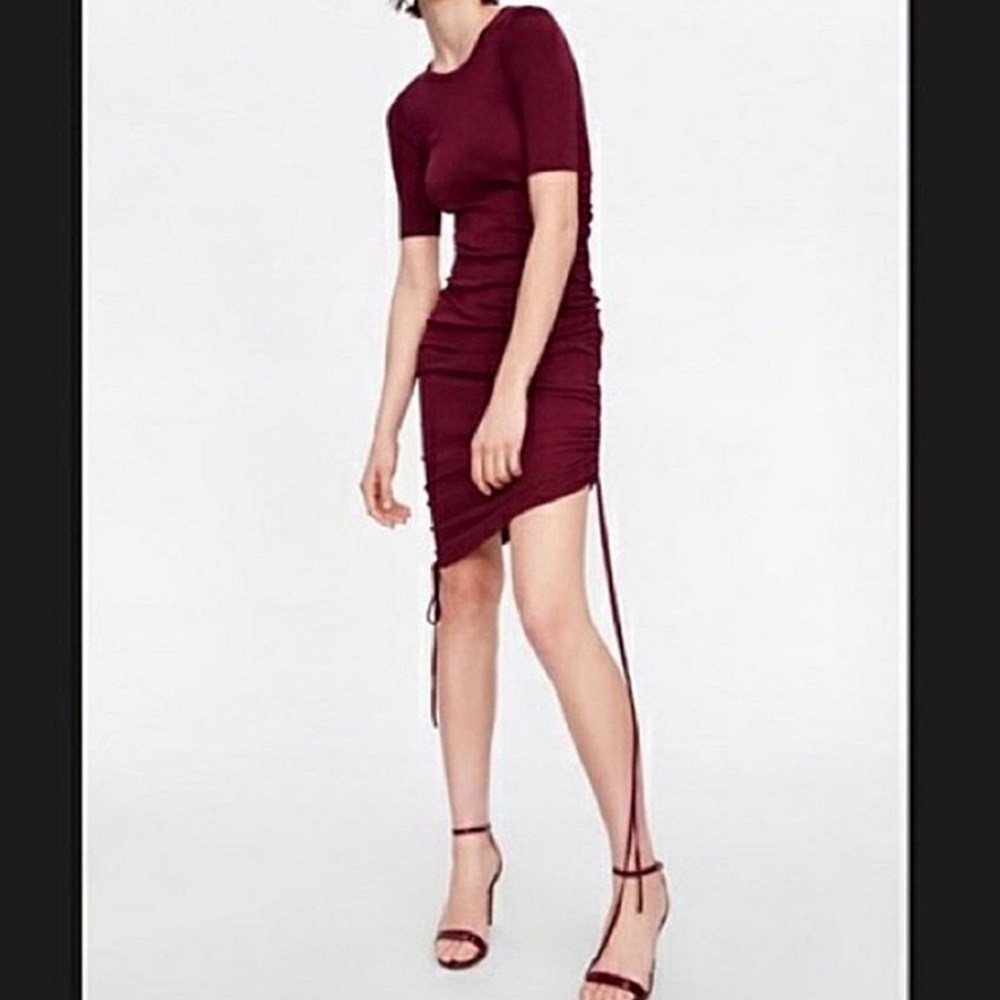 Zara, Burgundy Ruched Drawstring Dress, Women's Size Small.